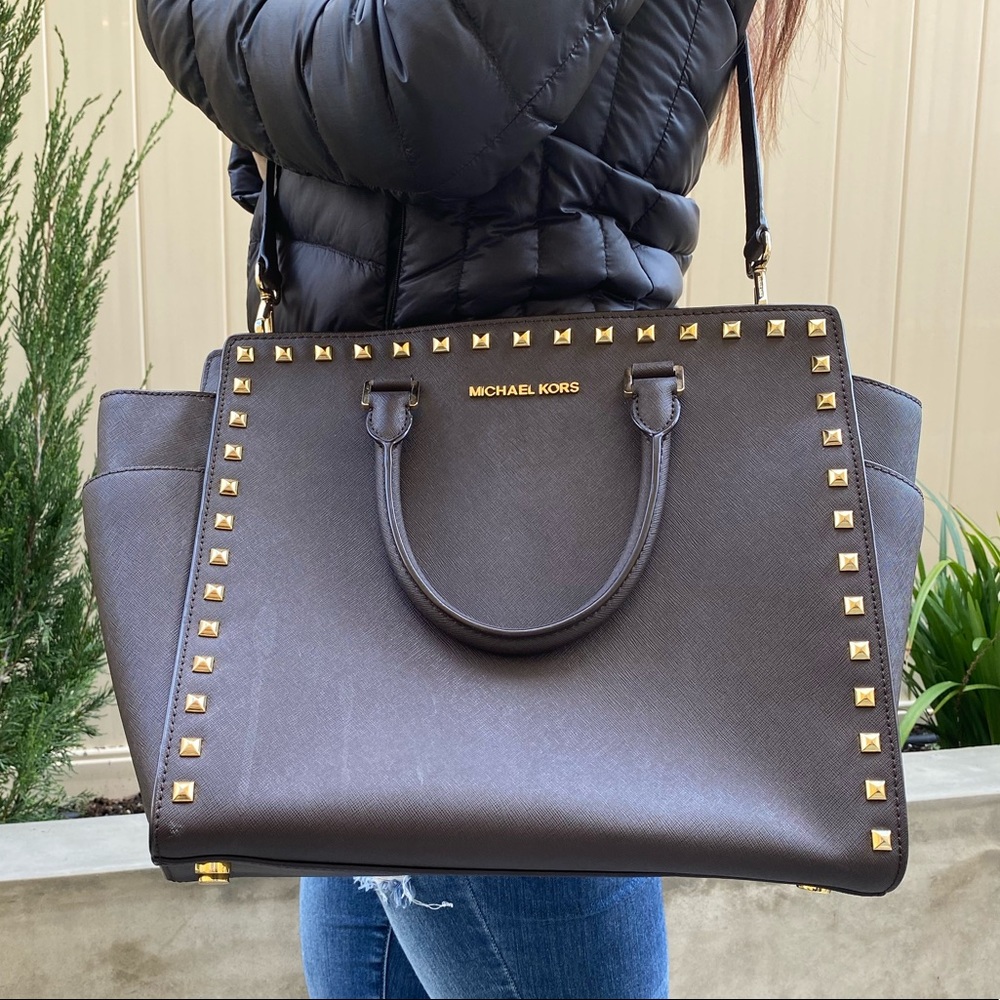Michael Kors Zelma Top Zip Stud brown satchel